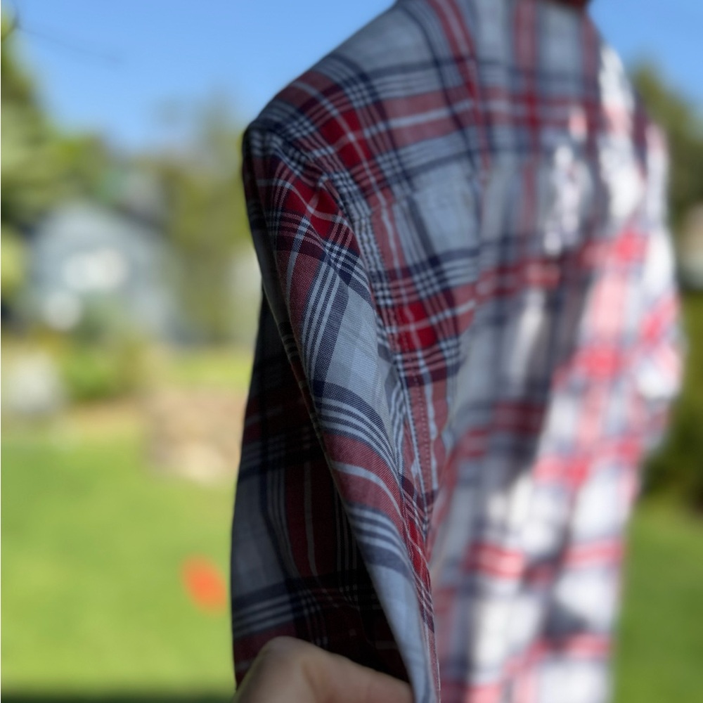 Superdry Red and White Plaid Short Sleeve Button-Down Shirt - Picture 3 of 7